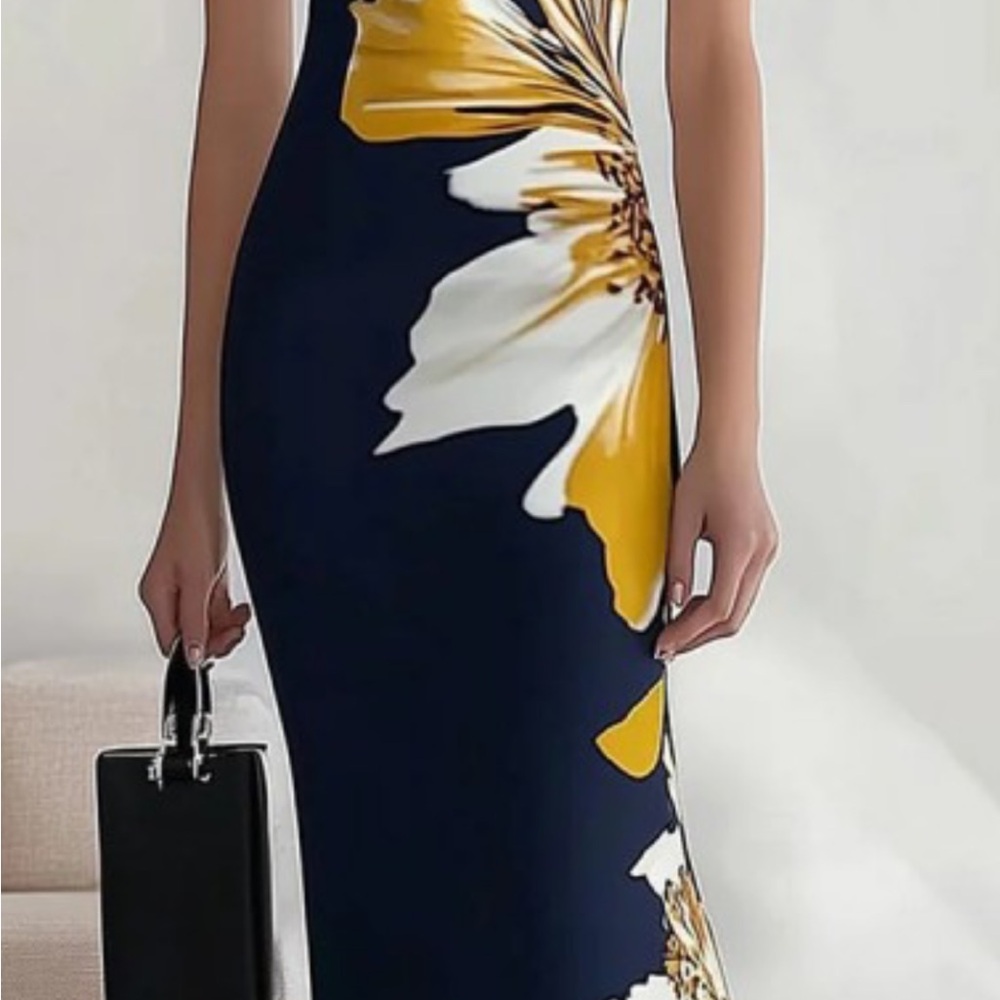 Elegant Navy and Yellow Floral Midi Dress